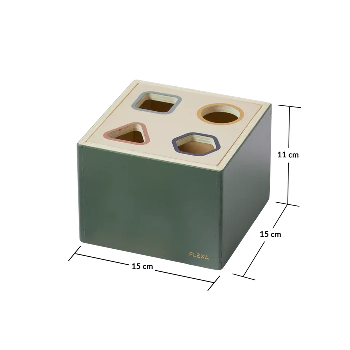 Wooden Shape Sorting box, 10 pcs, Handpainted, Green PLAY wooden-shape-sorting-box-multicolors-natural-wood flexa-com.myshopify.com