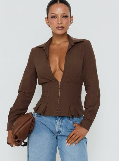 Kiyra Cinched Long Sleeve Shirt Brown