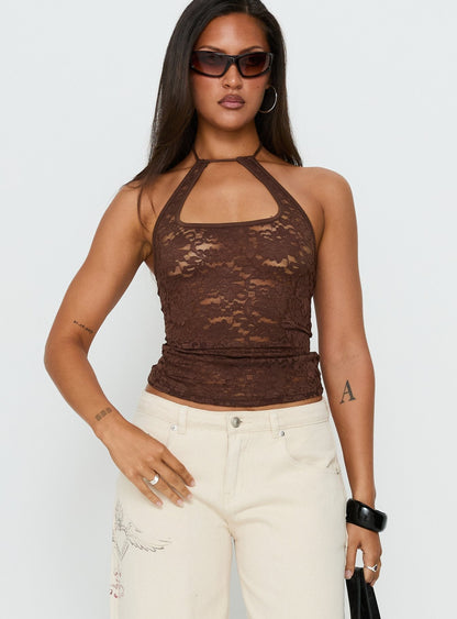Janais Lace Tie Neck Top Chocolate