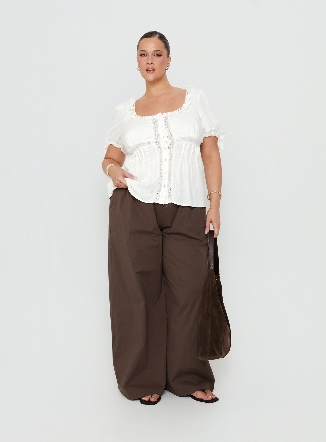 Indianah Pleat Lace Panel Blouse Top White Curve