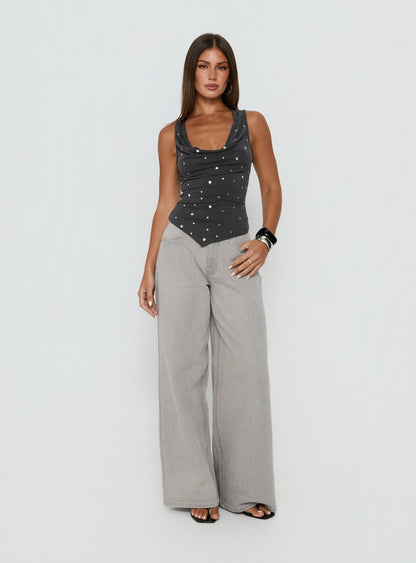 Quiet Confidence Studded Cowl Neck Top Grey