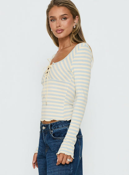 Jacenda Tie Up Long Sleeve Top Blue Stripe
