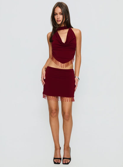 Ginah Bead Tassel Cowl Neck Top Red