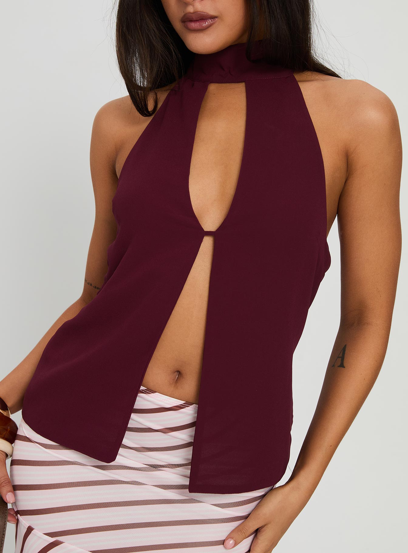 Rhevena Plunge Backless Top Wine