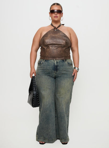 Treat You Better Ring Detail Faux Leather Top Brown Curve