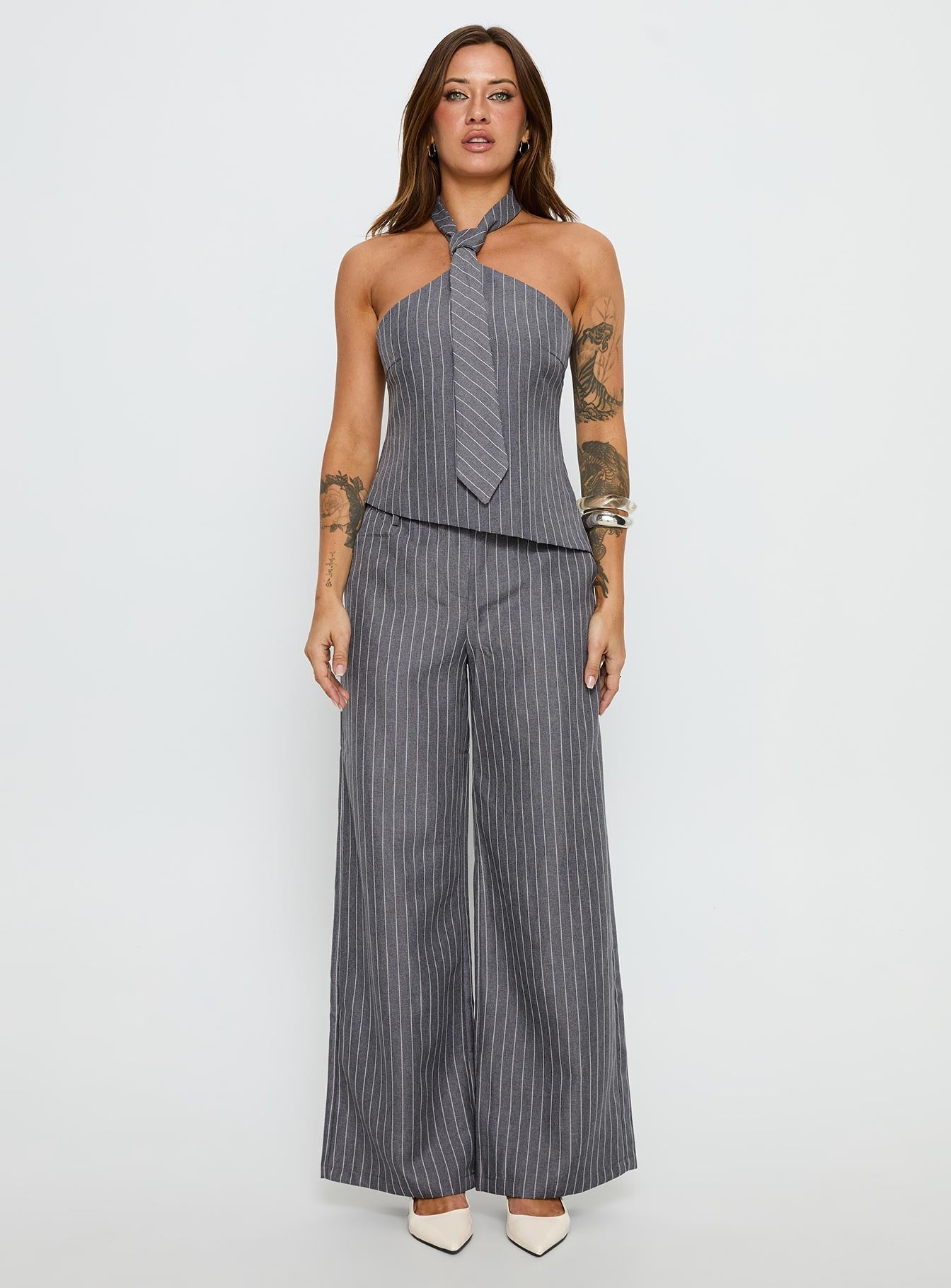 Uvelia Tie Detail Top Grey Pinstripe