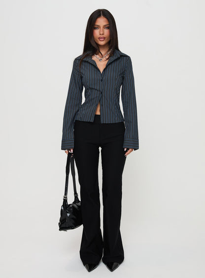 Theroux Long Sleeve Top Navy Pinstripe