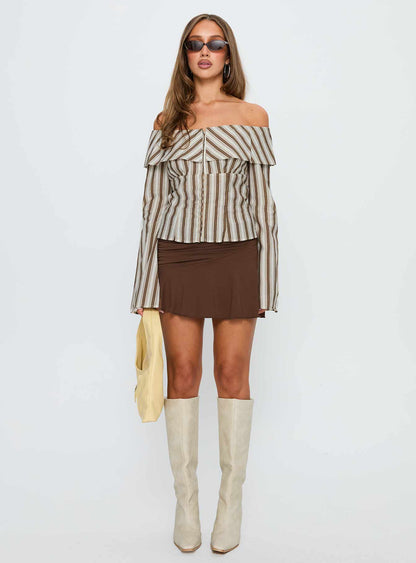 Knockout Off Shoulder Top Brown Stripe