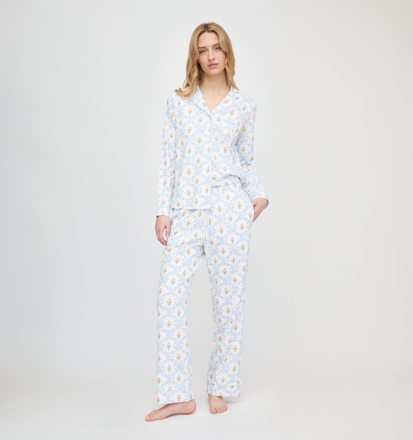 Roller Rabbit x Hill House Long Sleeve Polo Pajamas - Blue Floral Monkey Trellis