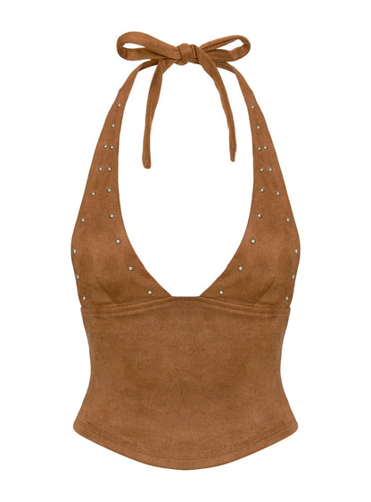 Upgraded Stud Detail Faux Suede Top Brown