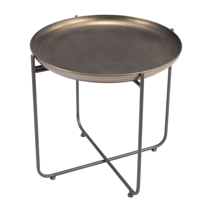 Bronson bronze side table by Zuo featuring an industrial design with a sturdy metal frame and round top for stylish support.