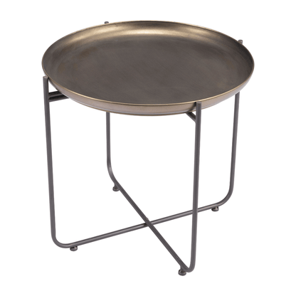 Bronson bronze side table by Zuo featuring an industrial design with a sturdy metal frame and round top for stylish support.