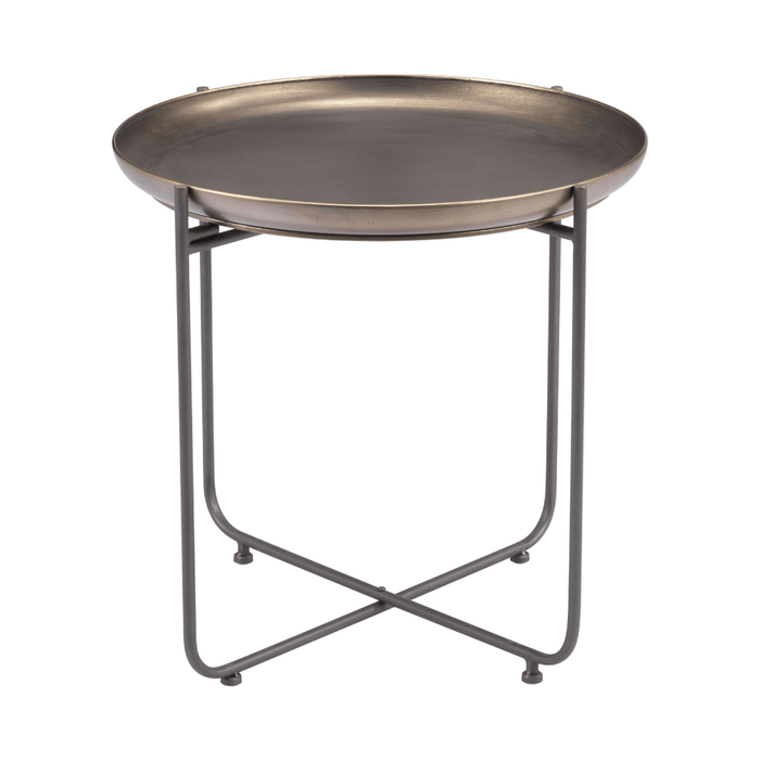 Bronson bronze Zuo side table with industrial style, featuring a round top and sturdy metal support.