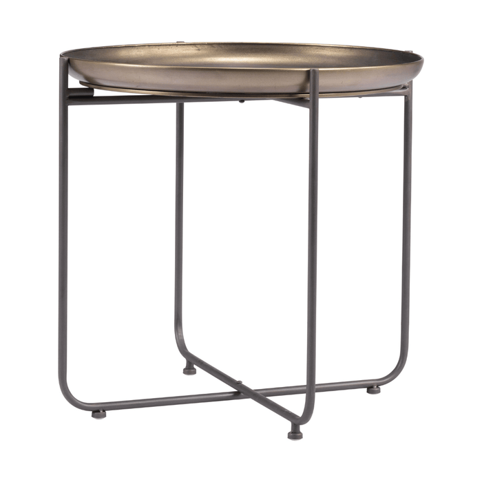 Bronson bronze side table by Zuo featuring an industrial design with a sturdy metal frame and a circular tabletop.