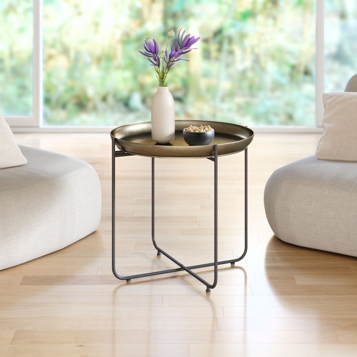 Bronson bronze side table by Zuo, featuring an industrial design with a sturdy metal frame and a sleek bronze finish.