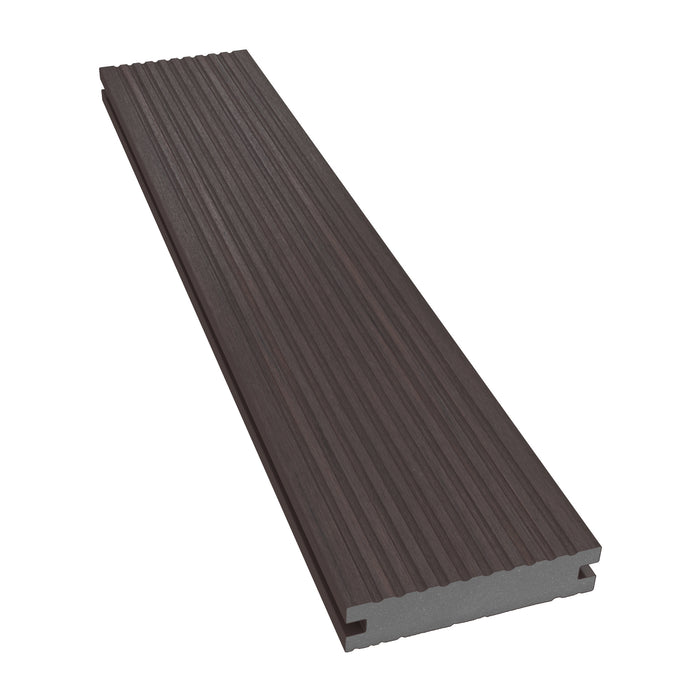 NeoTimber Deluxe Narrow Composite Deck Board – Chocolate – Angled Close Up - Grooved