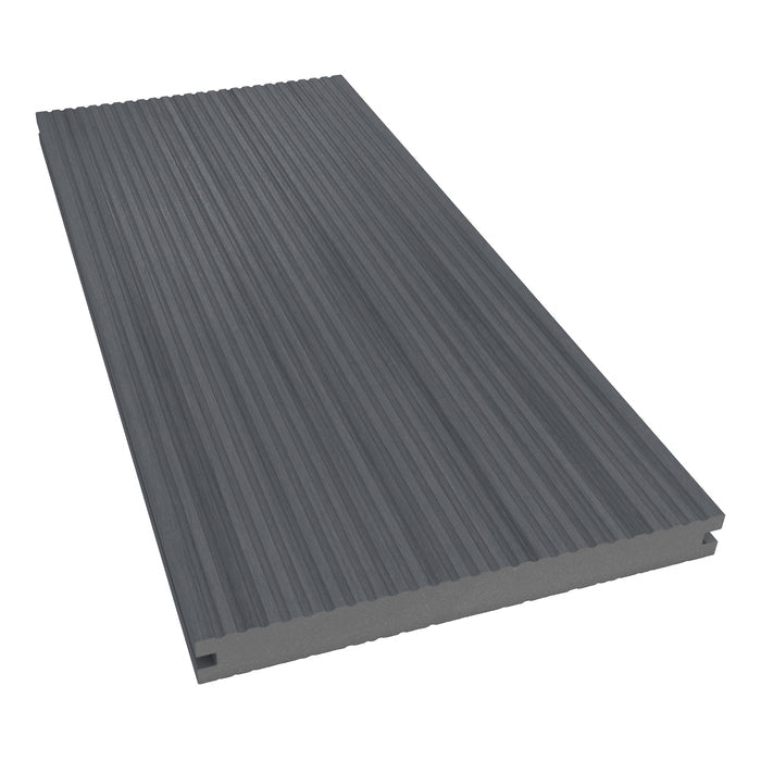 NeoTimber Deluxe Wide Composite Deck Board – Grey  – Angled Close Up - Grooved