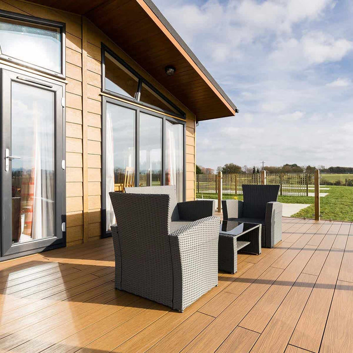 NeoTimber Deluxe Wide Composite Decking Board – Teak – Lifestyle Deck View