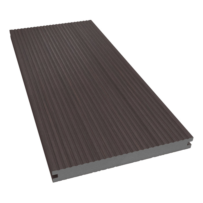 NeoTimber Deluxe Wide Composite Deck Board – Chocolate – Angled Close Up - Grooved