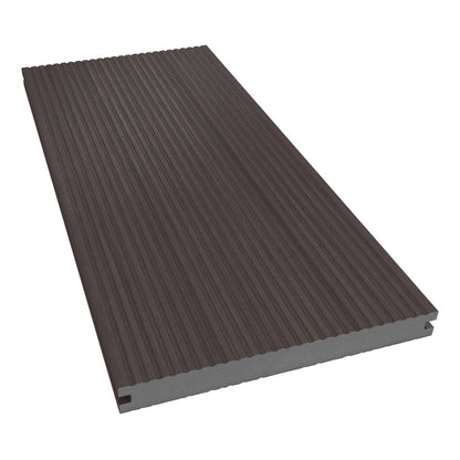 NeoTimber Deluxe Wide Composite Deck Board – Chocolate – Angled Close Up - Grooved