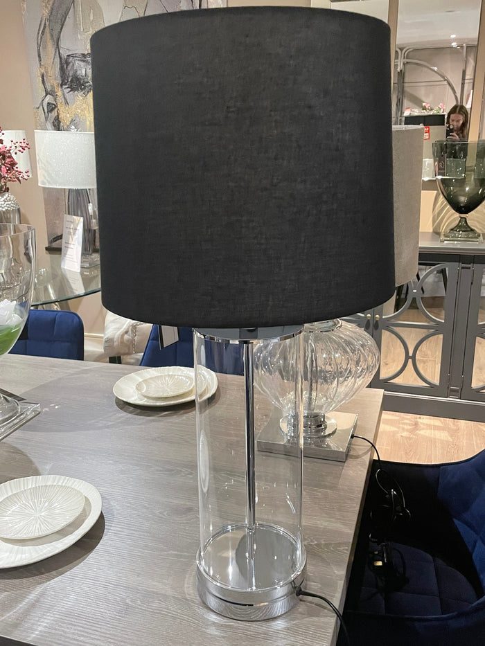 Ludo designer lamp with cylinder clear base and black shade-Renaissance Design Studio