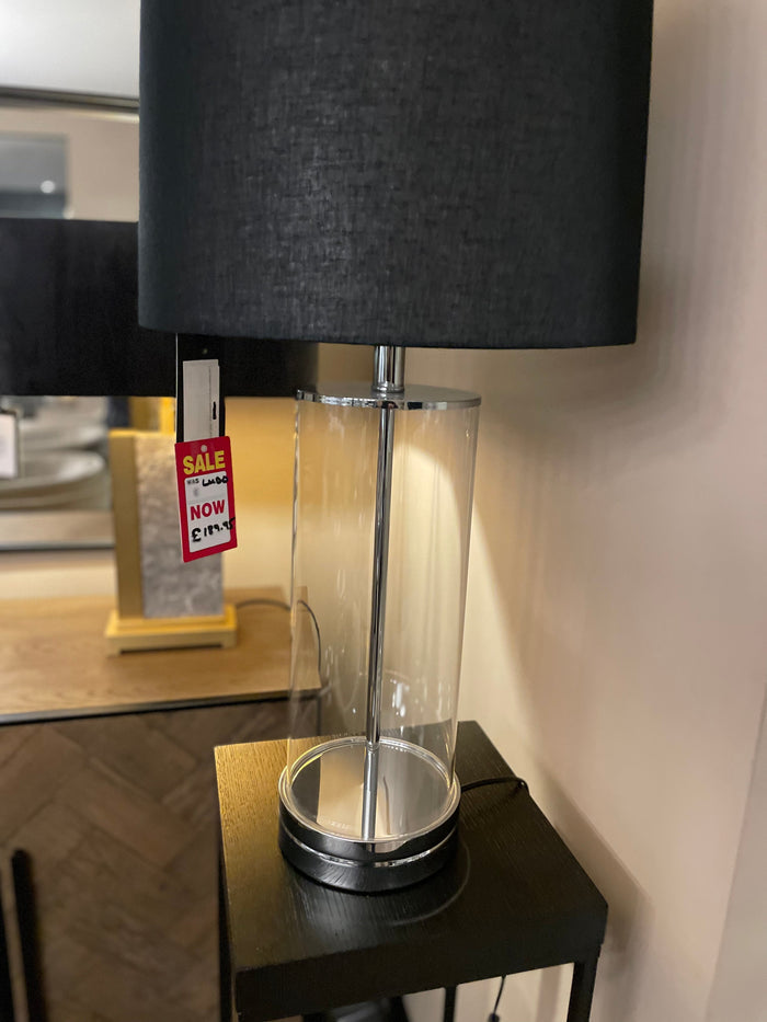 Ludo designer lamp with cylinder clear base and black shade-Renaissance Design Studio