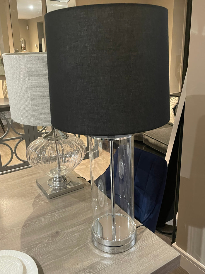 Ludo designer lamp with cylinder clear base and black shade-Renaissance Design Studio