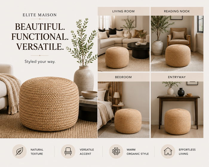 Nimes Jute Round Pouf | Hand-Woven Natural Fiber Ottoman & Floor Seating