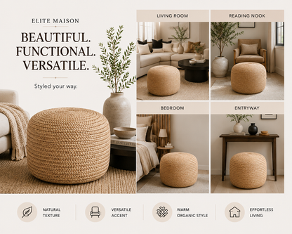 Nimes Jute Round Pouf | Hand-Woven Natural Fiber Ottoman & Floor Seating