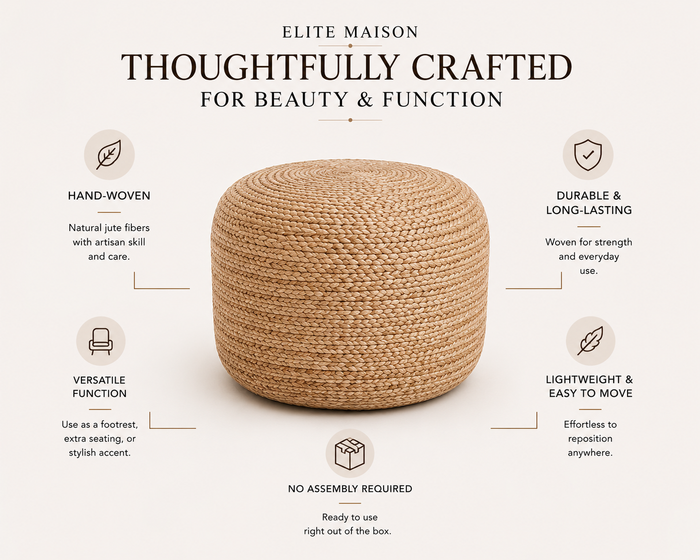Nimes Jute Round Pouf | Hand-Woven Natural Fiber Ottoman & Floor Seating