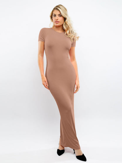 Shapewear Modal Short Sleeve Mock Neck Slimming Maxi Dress