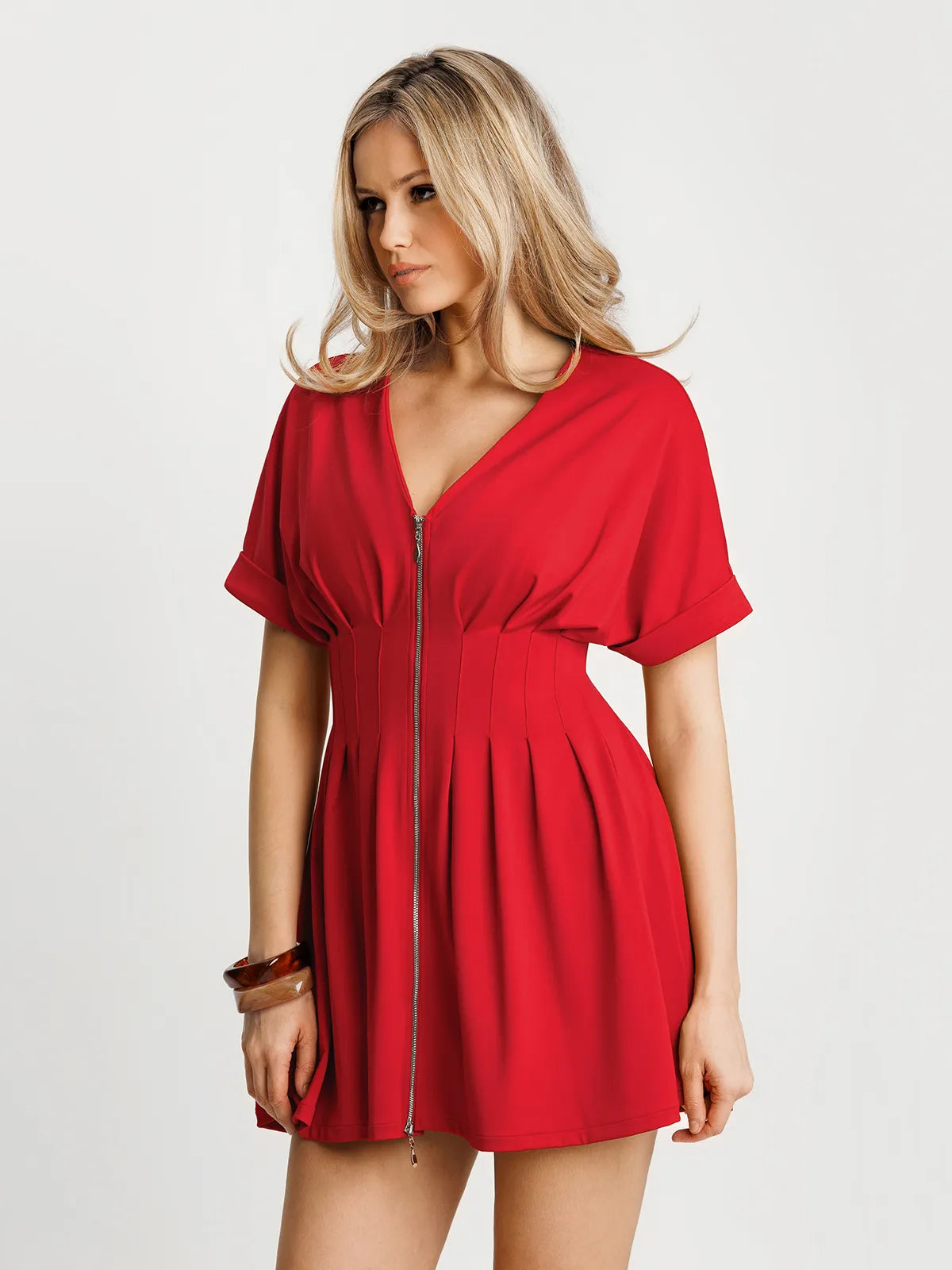 Deep V Zip Front Two-Piece Sculpting Mini Dress
