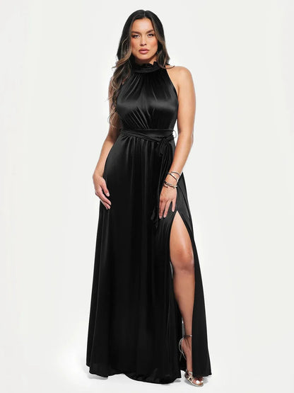 Draped High Neck Sculpting Floral-Print Maxi Dress