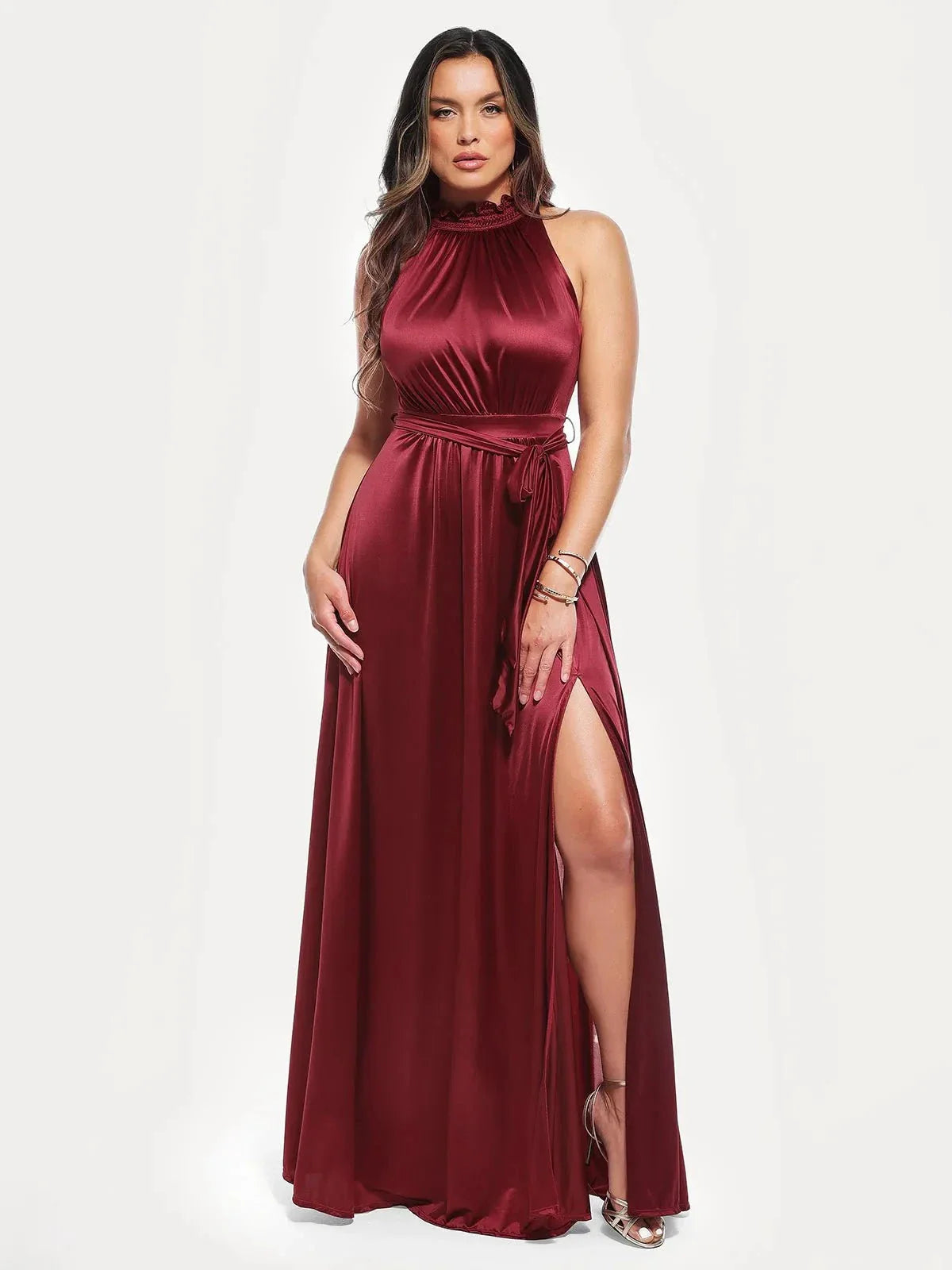 Draped High Neck Sculpting Floral-Print Maxi Dress