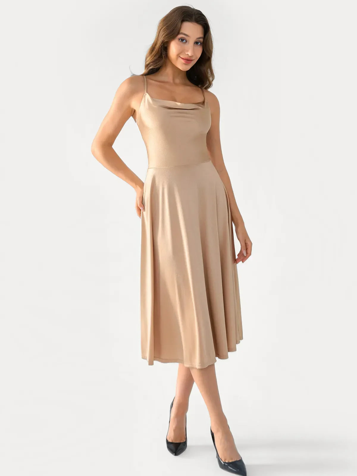 Shapewear Strappy Cowl Neck Fit & Flare Midi Dress