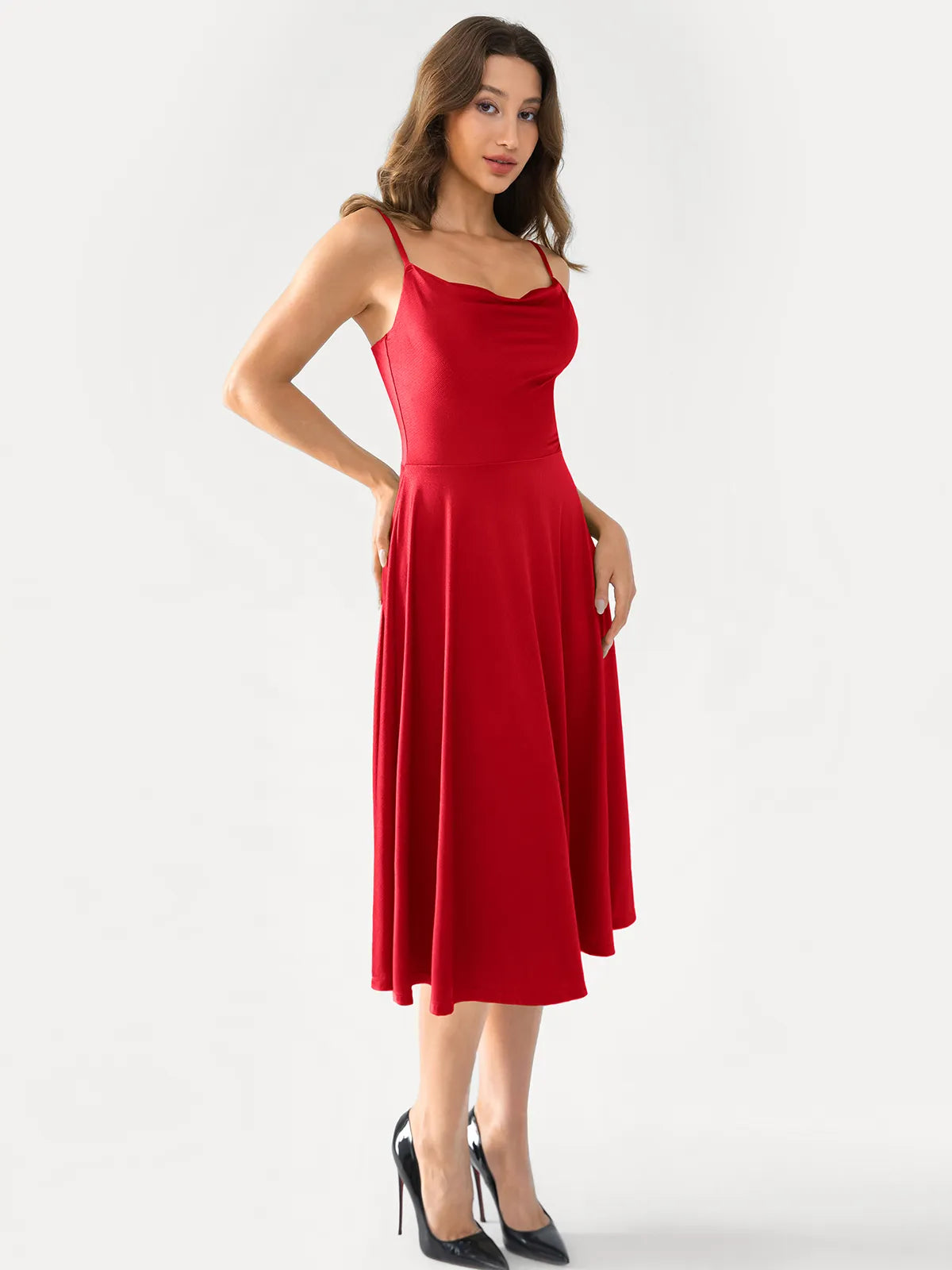 Shapewear Strappy Cowl Neck Fit & Flare Midi Dress