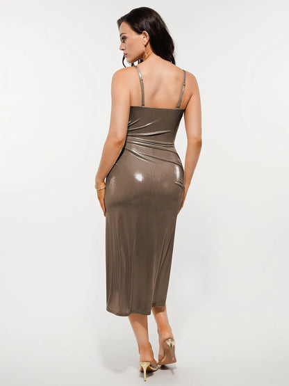 Metallic Cowl Neck Side Ruched Sculpting Tummy Control Midi Dress