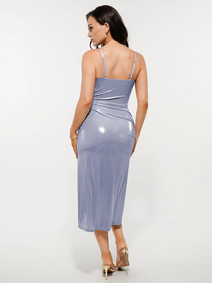 Metallic Cowl Neck Side Ruched Sculpting Tummy Control Midi Dress