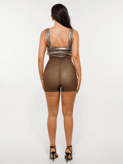 Metallic Off-The Shoulder Ruched Sculpting Tummy Control Mini Dress