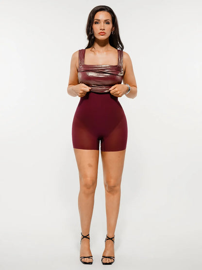 Metallic Off-The Shoulder Ruched Sculpting Tummy Control Mini Dress