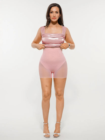Metallic Off-The Shoulder Ruched Sculpting Tummy Control Mini Dress