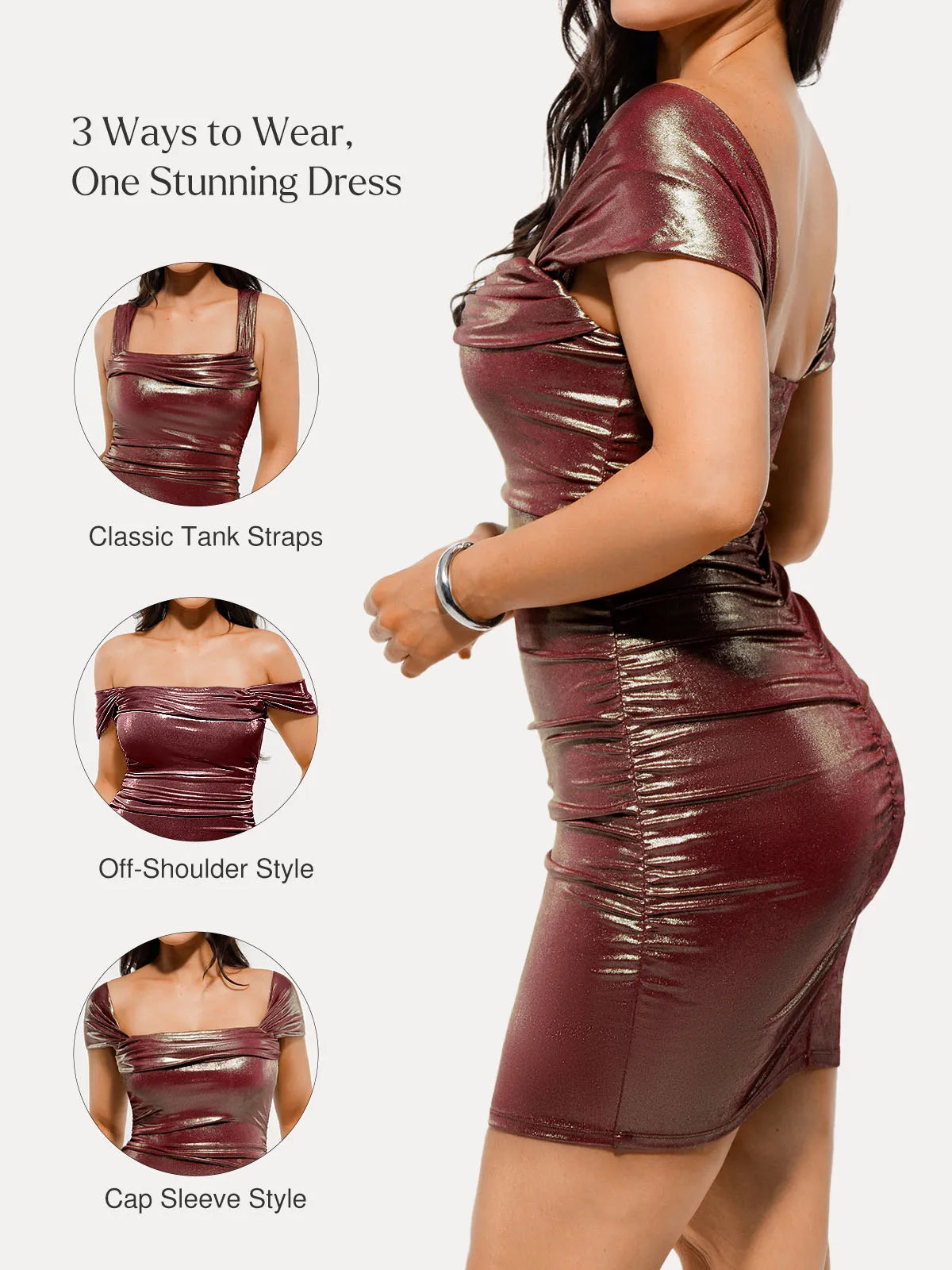 Metallic Off-The Shoulder Ruched Sculpting Tummy Control Mini Dress