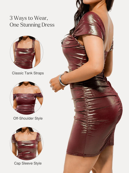 Metallic Off-The Shoulder Ruched Sculpting Tummy Control Mini Dress