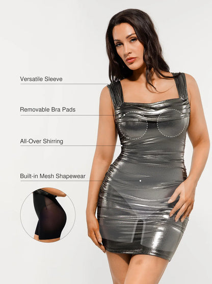 Metallic Off-The Shoulder Ruched Sculpting Tummy Control Mini Dress