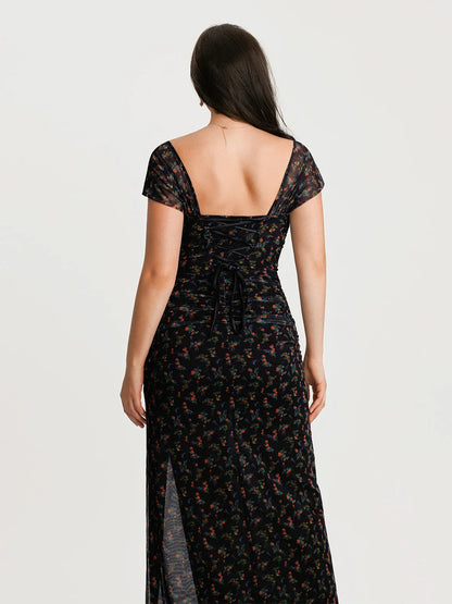 Off-The-Shoulder Sculpting Floral Print Maxi Dress