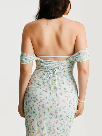 Off-The-Shoulder Sculpting Floral Print Maxi Dress