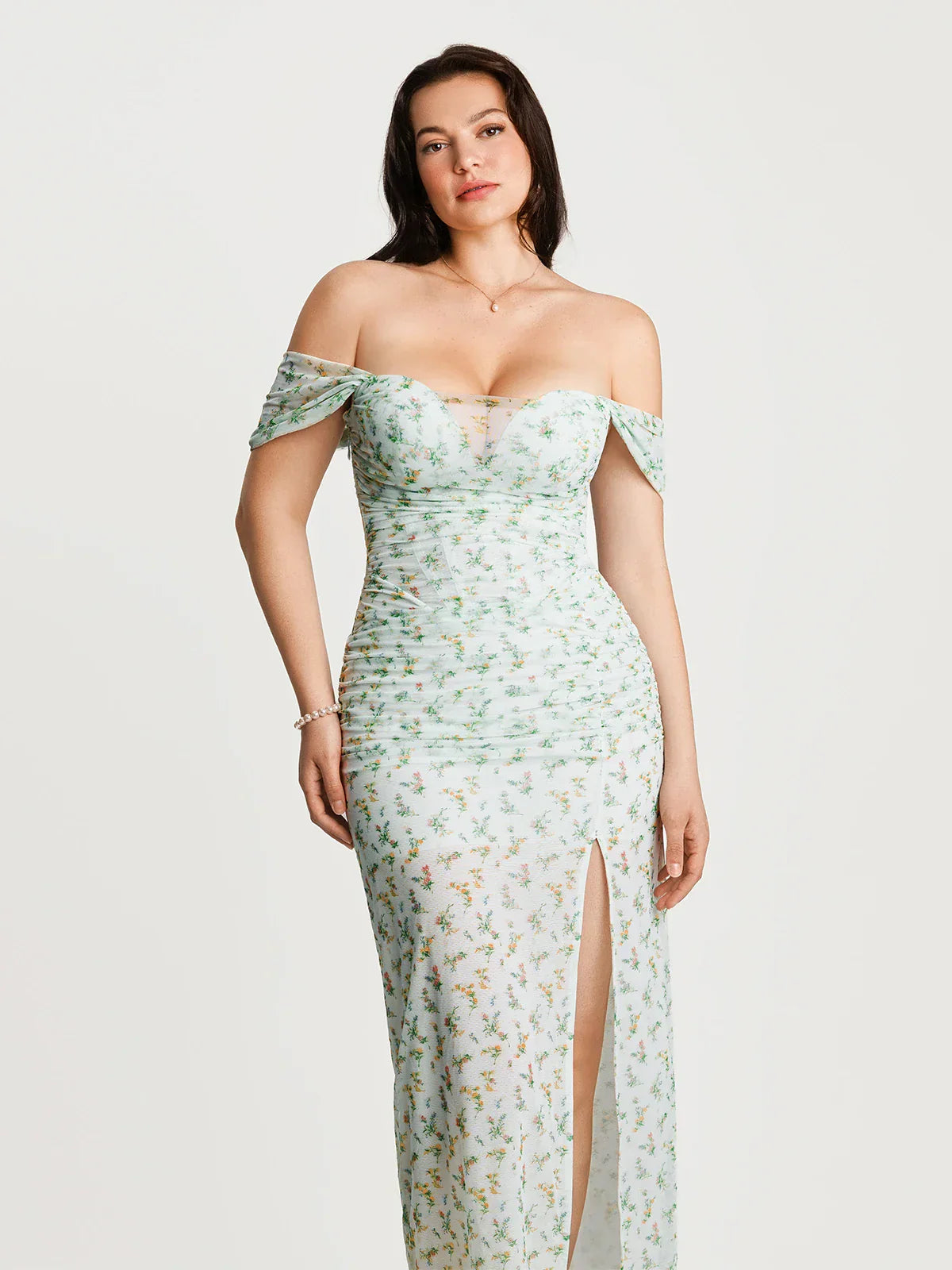 Off-The-Shoulder Sculpting Floral Print Maxi Dress