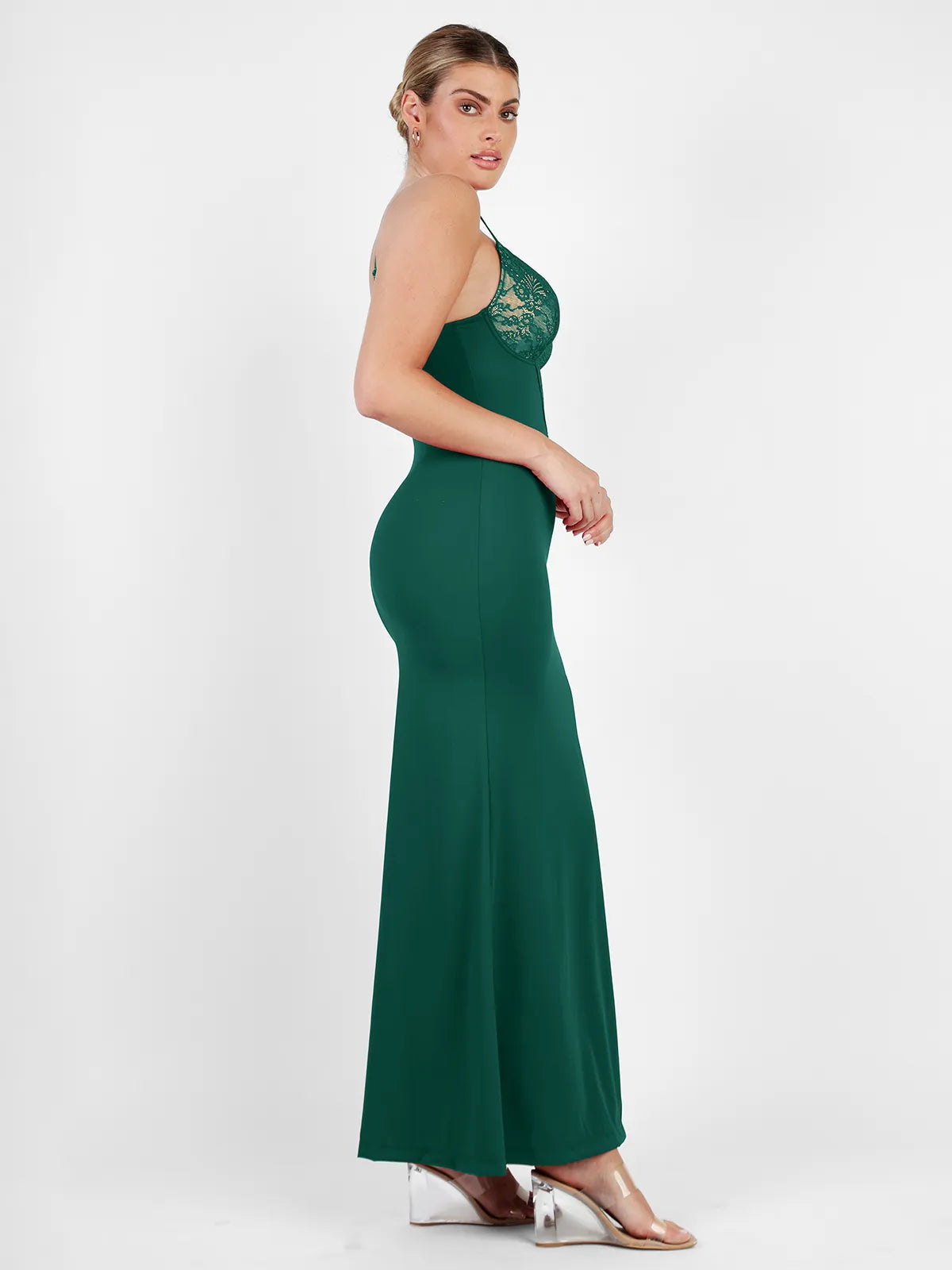 Shapewear Lace V Neck Side Slit Slimming Maxi Slip Dress