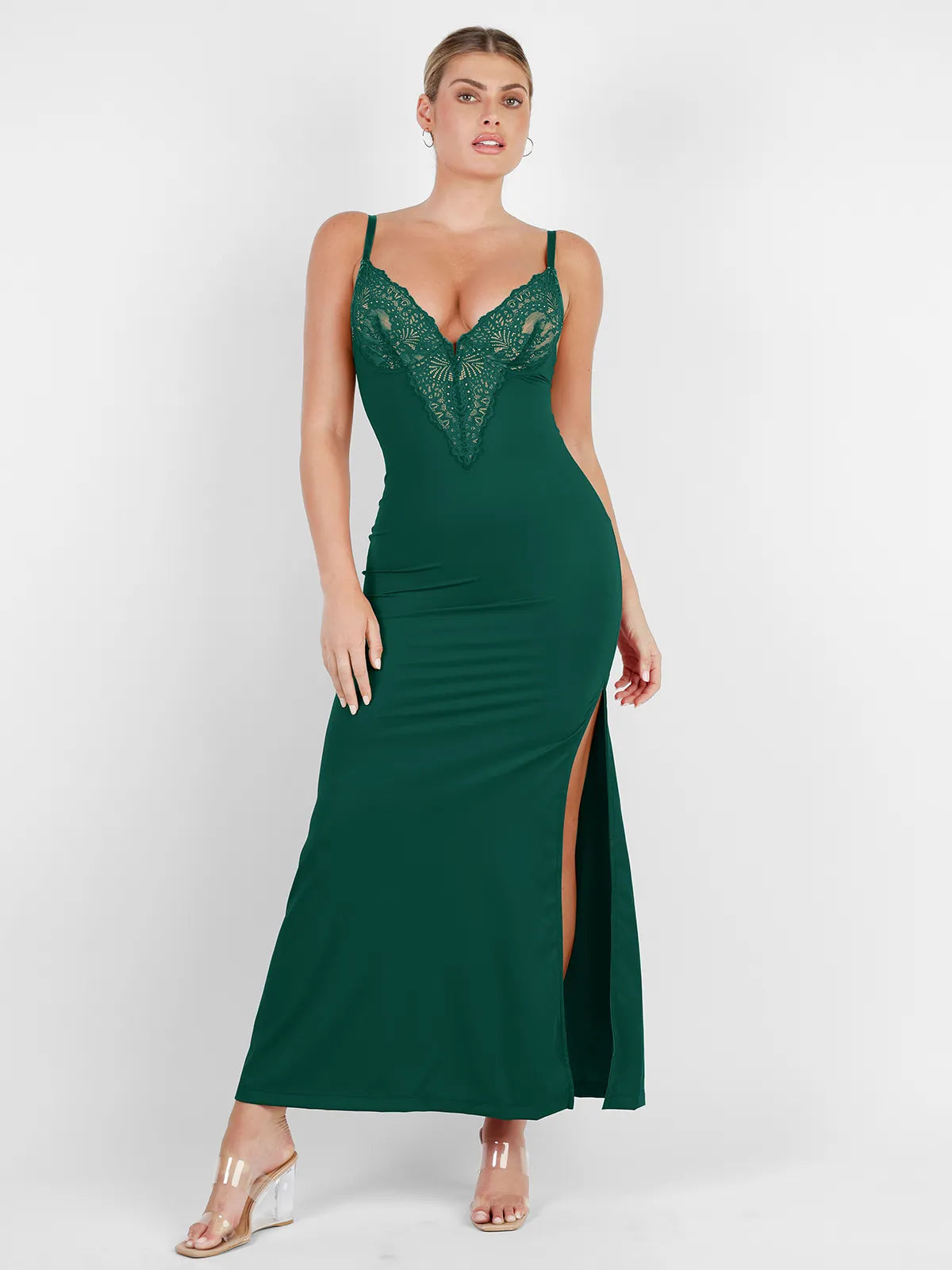Shapewear Lace V Neck Side Slit Slimming Maxi Slip Dress