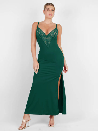 Shapewear Lace V Neck Side Slit Slimming Maxi Slip Dress